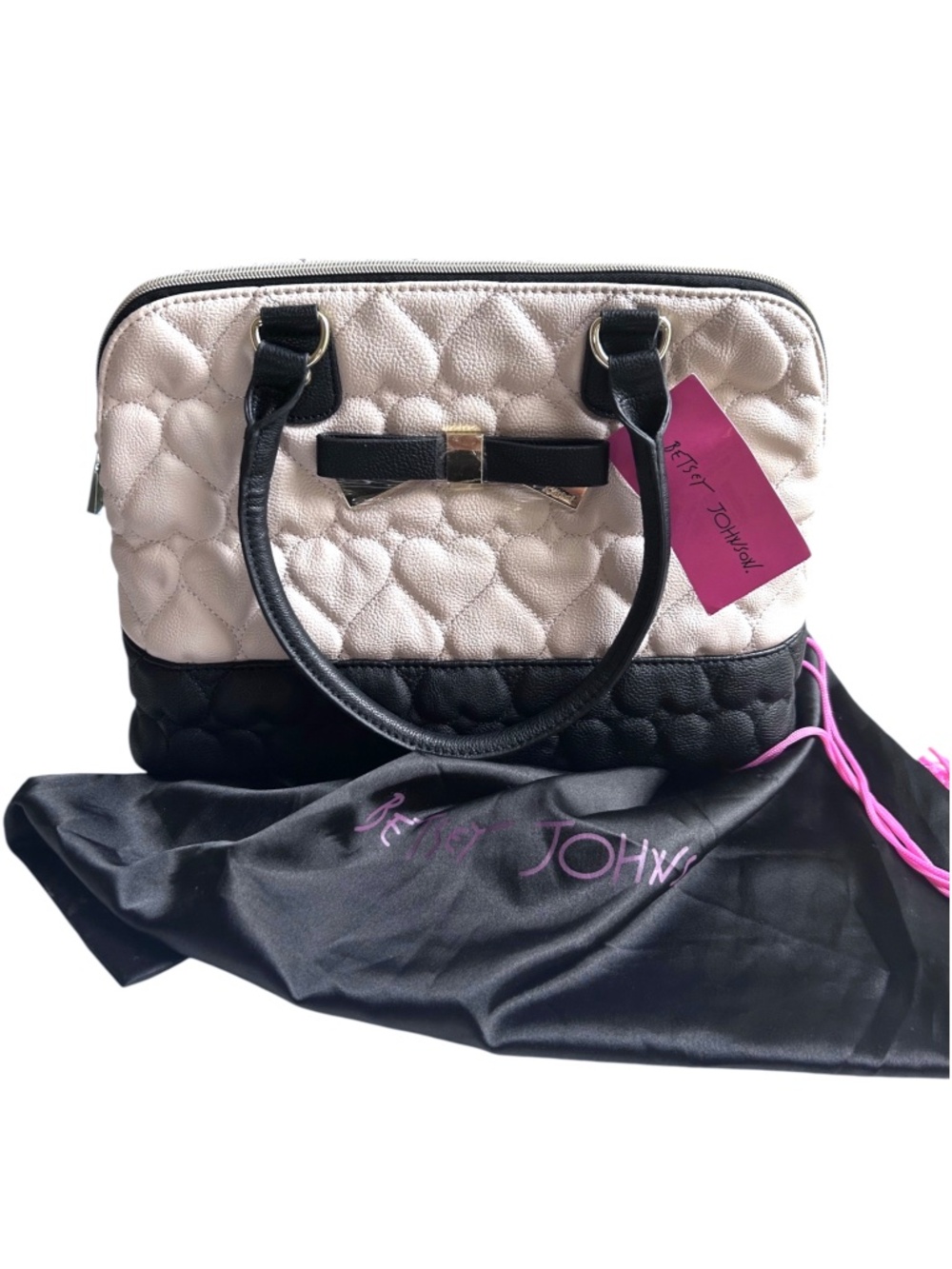 NWT Betsey Johnson Be Mine Dome Satchel Bag Bone & Black BB17000 w/ Dust Bag
